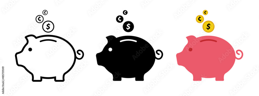 Set of piggy bank icon. Piggy bank icon, black, outline and color. Vector illustration. Piggy bank for saving money. Piggy bank for coin. Saving money. Set of piggy bank icon. Piggy bank icon, black, outline and color. Vector illustration. Piggy bank for saving money. Piggy bank for coin. Saving money.
