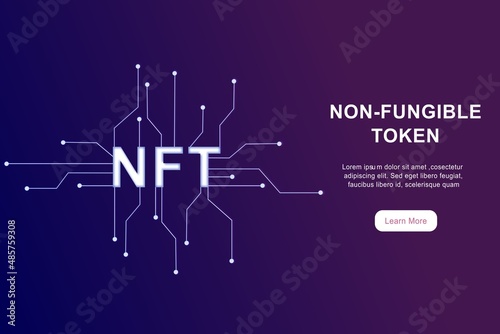 NFT non fungible token infographic with lines and dots network on dark background. Pay for unique collectibles in games or art. Flat vector illustration of NFT with blockchain technology for banner.