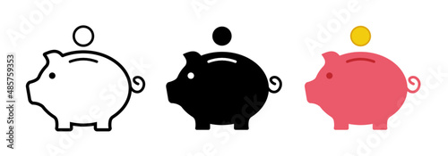 Set of piggy bank icon. Piggy bank icon, black, outline and color. Vector illustration. Piggy bank for saving money. Piggy bank for coin. Saving money.