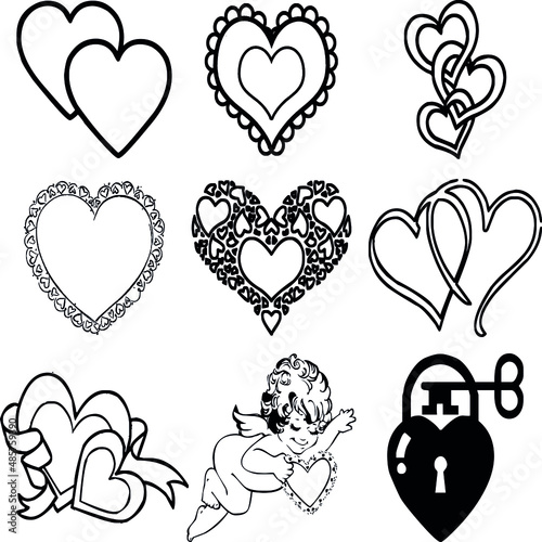 Happy Valentine's Day set of icons stencil black silhouette. Cute romance love valentine icons such as with heart Vector illustration