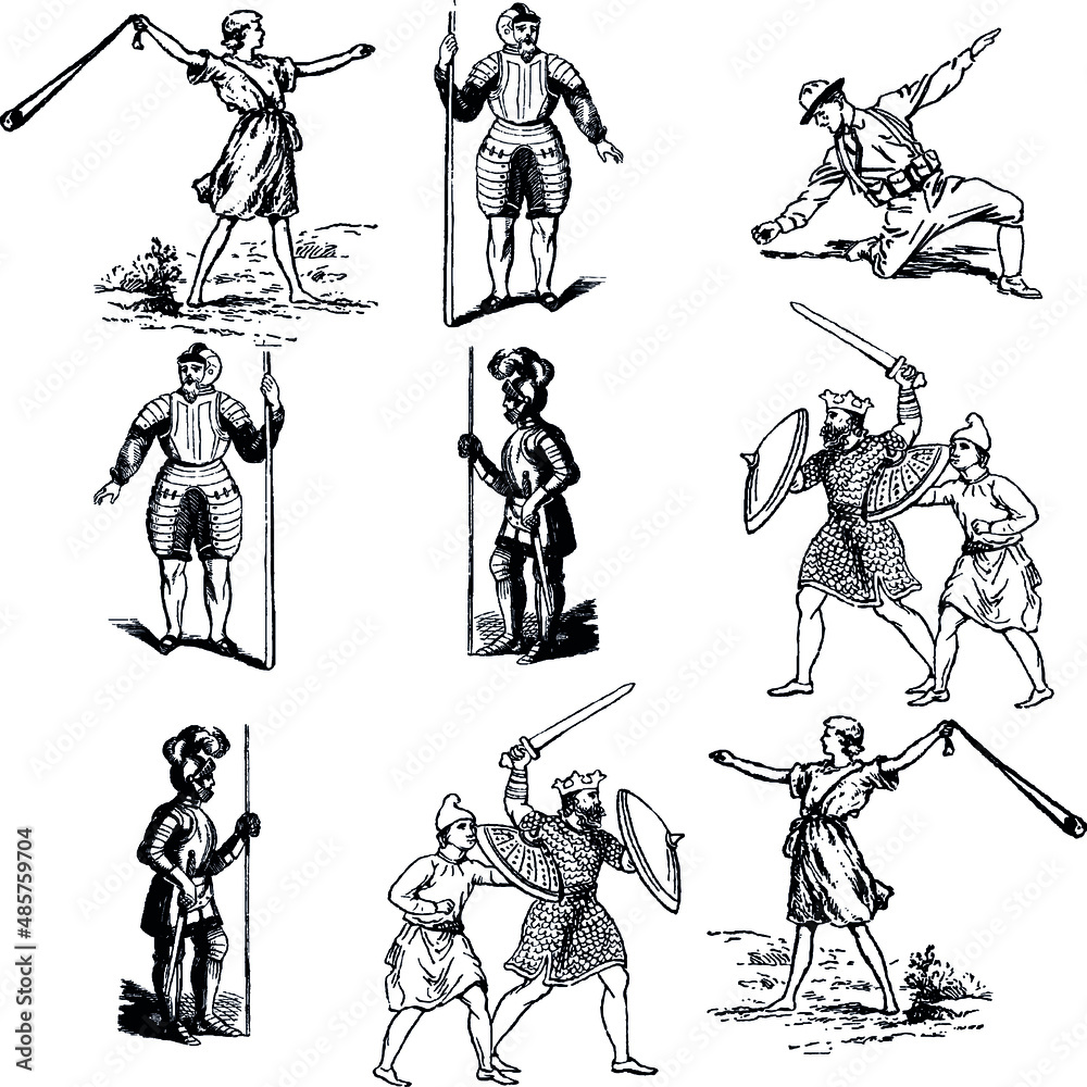 Ancient warriors icon set with national weapons. Historical ancient military characters set. Ancient fighters. Vintage vector sketch. hand drawn illustration Military vectors.