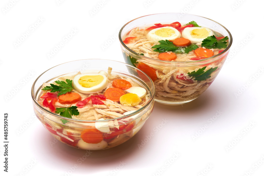 Delicious chicken aspic in glass bowl isolated on white background Delicious chicken aspic in glass bowl isolated on white background