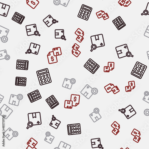 Set line Calculator, Search package, Gear with box and Waybill on seamless pattern. Vector