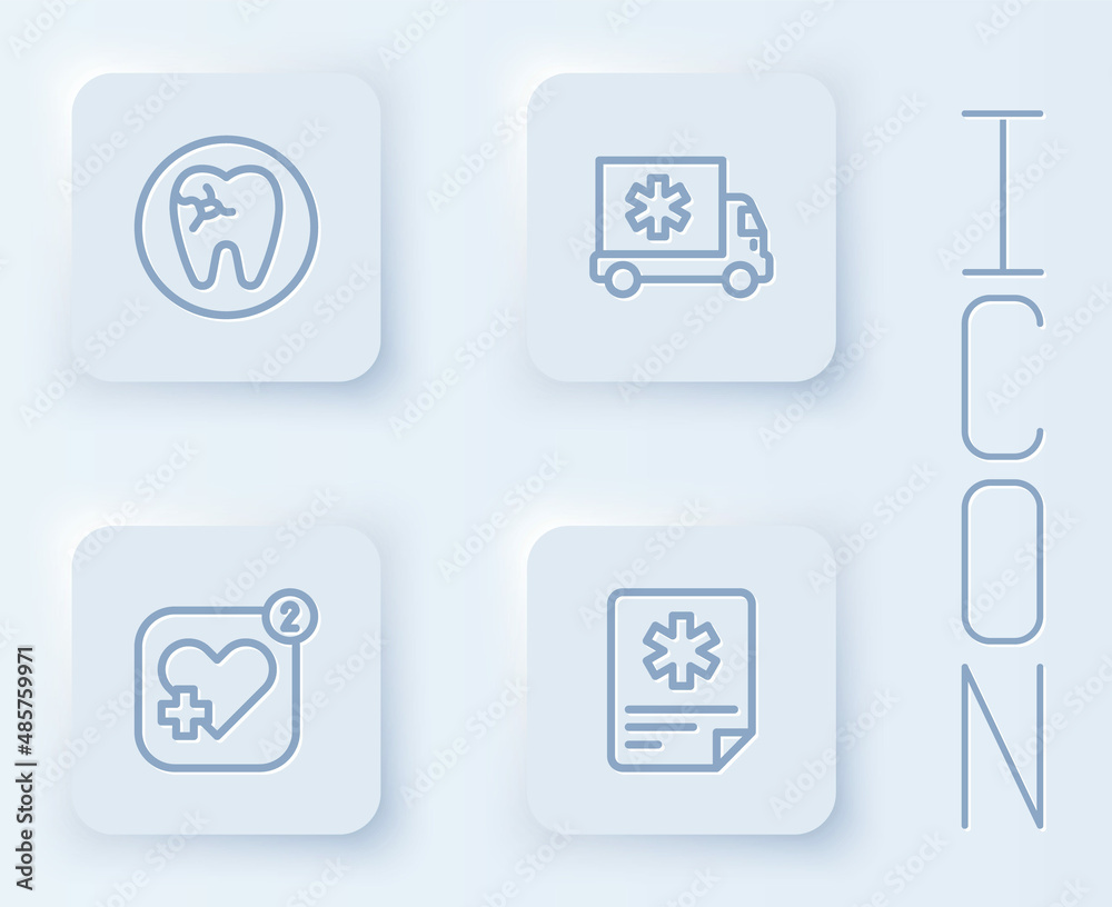 Set line Tooth with caries, Ambulance, Mobile heart rate and Patient record. White square button. Vector Set line Tooth with caries, Ambulance, Mobile heart rate and Patient record. White square button. Vector