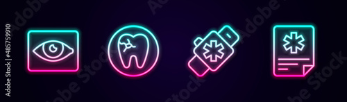 Set line Red eye effect, Tooth with caries, Smart watch heart and Patient record. Glowing neon icon. Vector