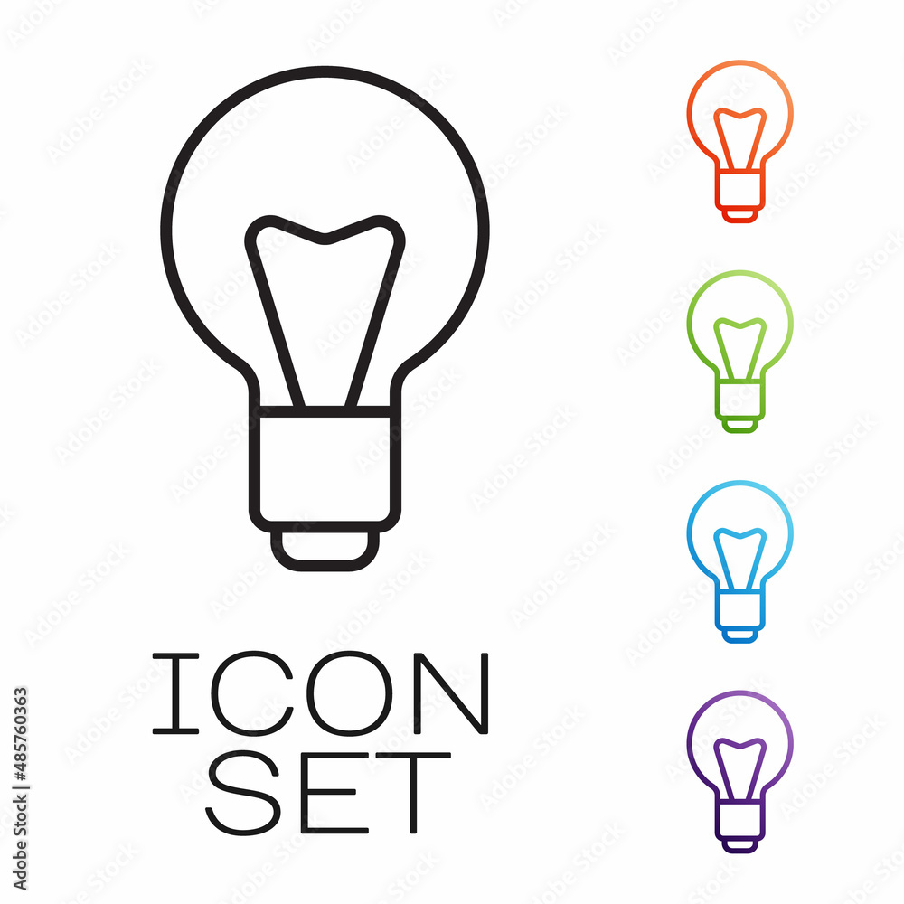 Black line Light bulb with concept of idea icon isolated on white background. Energy and idea symbol. Inspiration concept. Set icons colorful. Vector Black line Light bulb with concept of idea icon isolated on white background. Energy and idea symbol. Inspiration concept. Set icons colorful. Vector