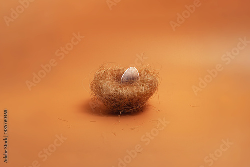 A small bird's nest made of dry grass with a painted white egg inside on an orange, brown, yellow isolated background, side view 