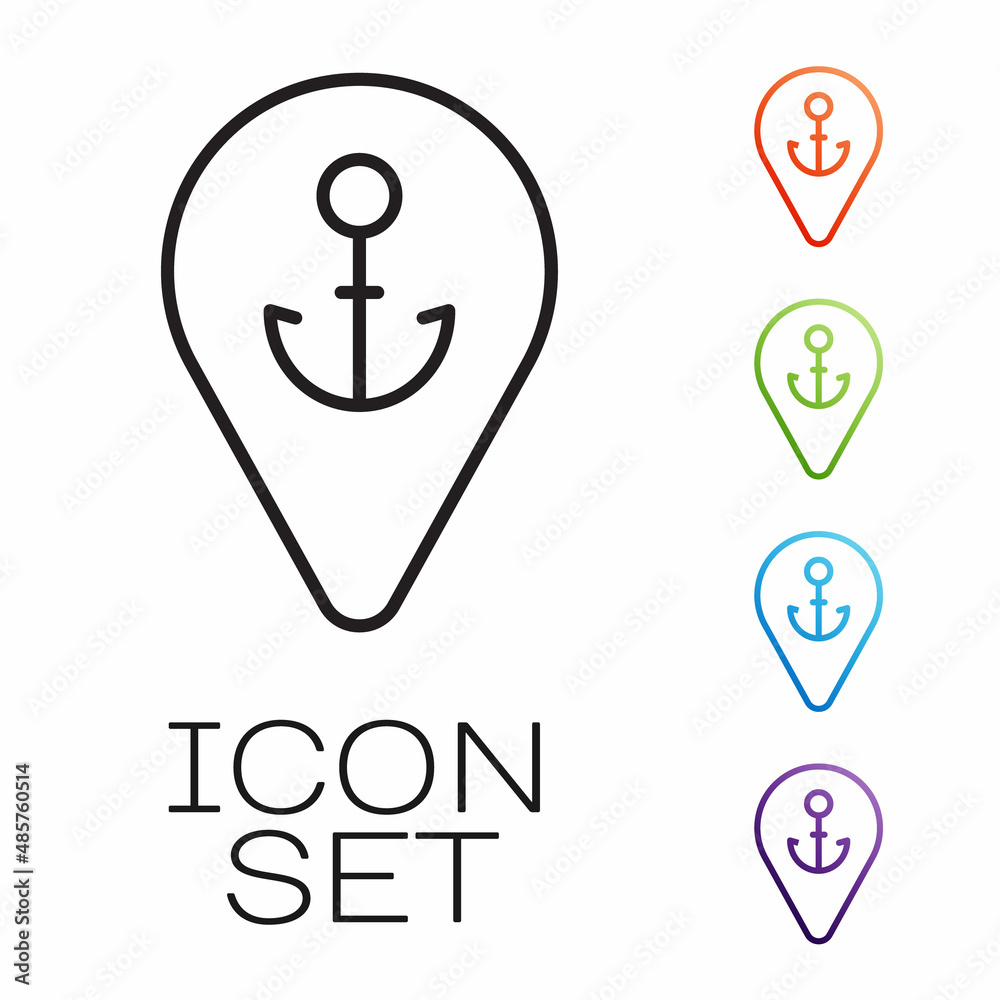 Black line Map pointer with anchor icon isolated on white background. Set icons colorful. Vector Black line Map pointer with anchor icon isolated on white background. Set icons colorful. Vector