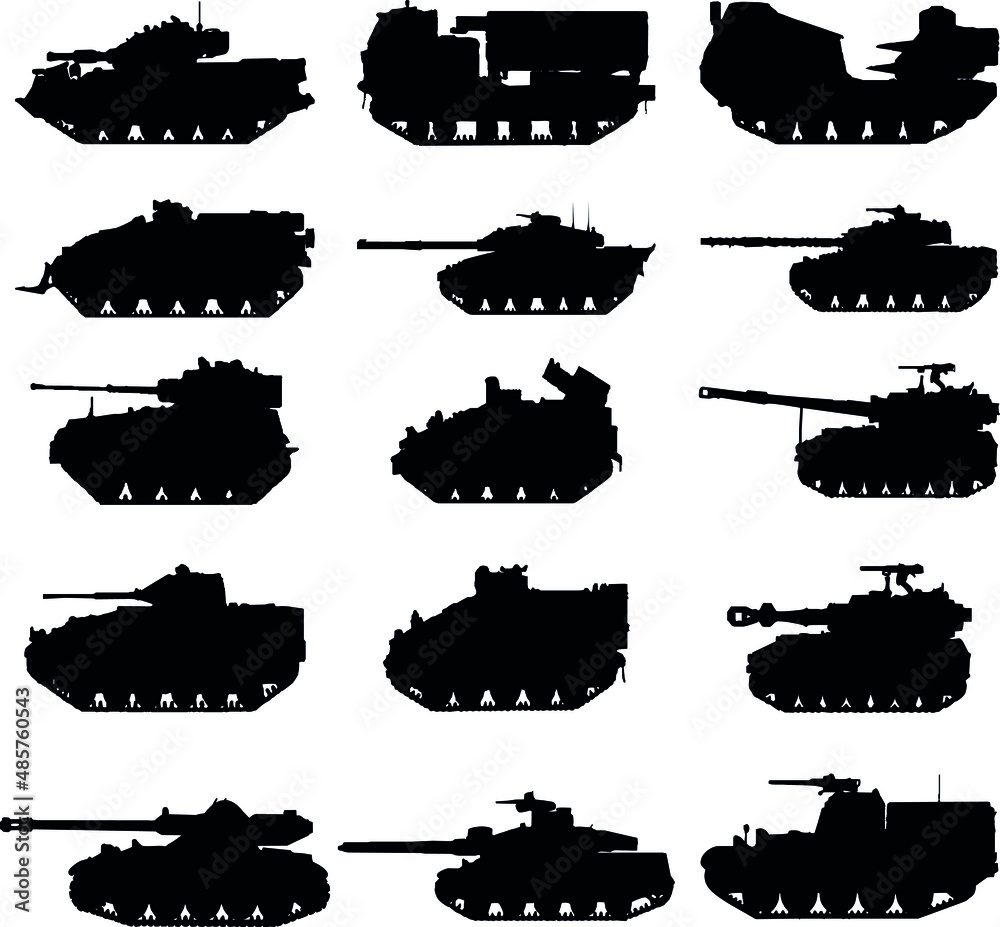 Illustration on white background. Vector silhouettes of tanks. military vehicles silhouette – vector. Different set military icons of tanks.