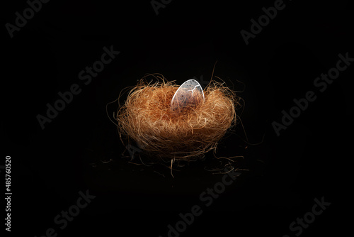 A small bird's nest made of dry grass with a painted white cracked egg inside on black isolated background, side view 