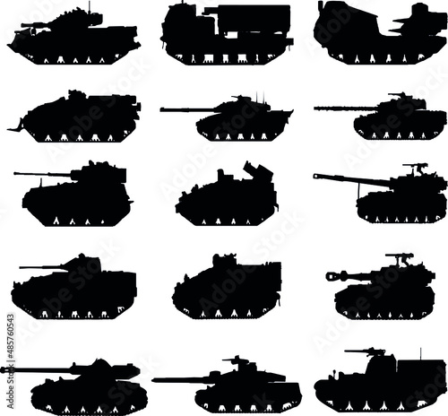 Illustration on white background. Vector silhouettes of tanks. military vehicles silhouette     vector. Different set military icons of tanks.