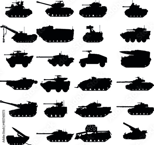 Illustration on white background. Vector silhouettes of tanks. military vehicles silhouette – vector. Different set military icons of tanks.