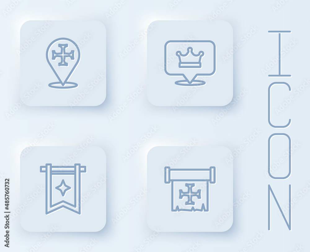 Set line Crusade, King crown, Medieval flag and . White square button. Vector Set line Crusade, King crown, Medieval flag and . White square button. Vector