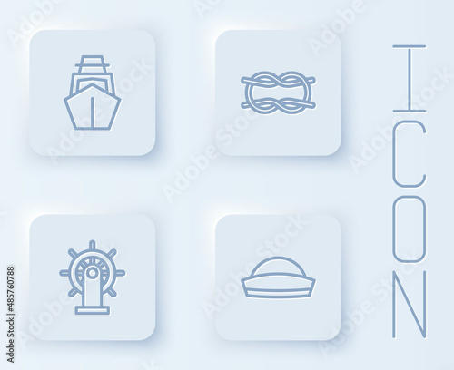 Set line Yacht sailboat, Nautical rope knots, Ship steering wheel and Sailor hat. White square button. Vector