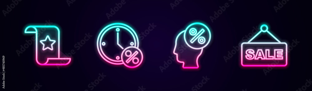 Set line Paper check and financial check, Clock percent discount, Discount tag and Hanging sign with text Sale. Glowing neon icon. Vector Set line Paper check and financial check, Clock percent discount, Discount tag and Hanging sign with text Sale. Glowing neon icon. Vector