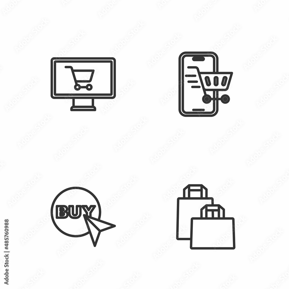 Set line Paper shopping bag, Buy button, Shopping cart monitor and Mobile with icon. Vector Set line Paper shopping bag, Buy button, Shopping cart monitor and Mobile with icon. Vector