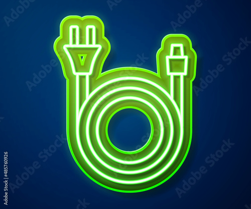 Glowing neon line Electric plug icon isolated on blue background. Concept of connection and disconnection of the electricity. Vector