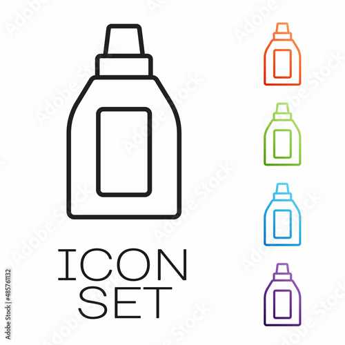 Black line Plastic bottle for laundry detergent, bleach, dishwashing liquid or another cleaning agent icon isolated on white background. Set icons colorful. Vector