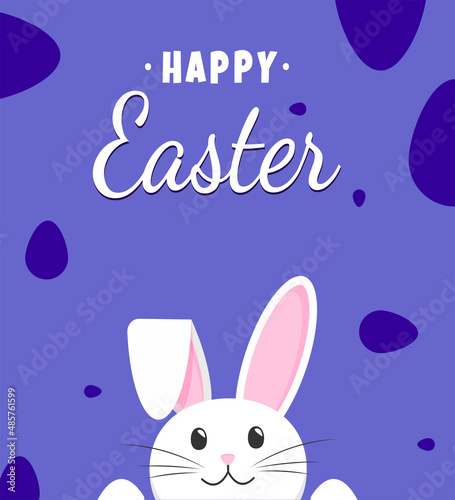 Easter bunny peeking out from below. Background with eggs pattern. The inscription Happy Easter. Greeting card template in blue.