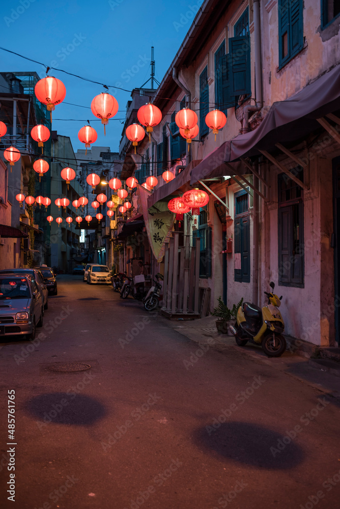 Red Chinese lanterns on a street in Chinatown at night, Kuala Lumpur, Malaysia, Southeast Asia