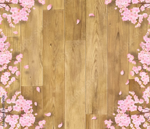 ぬくもりのある色調の木目の板の上に桜の木の枝と花びらの散る壁紙背景素材