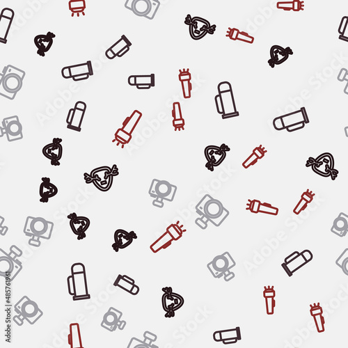 Set line Deer antlers on shield, Thermos container, Photo camera and Flashlight on seamless pattern. Vector