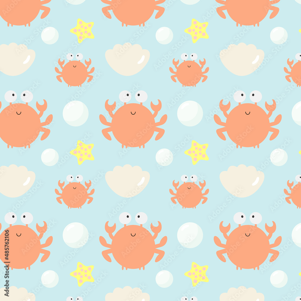 Vector seamless pattern with crabs. Marine theme. For greeting card, posters, banners, books, printing on the pack, printing on clothes, fabric, wallpaper.