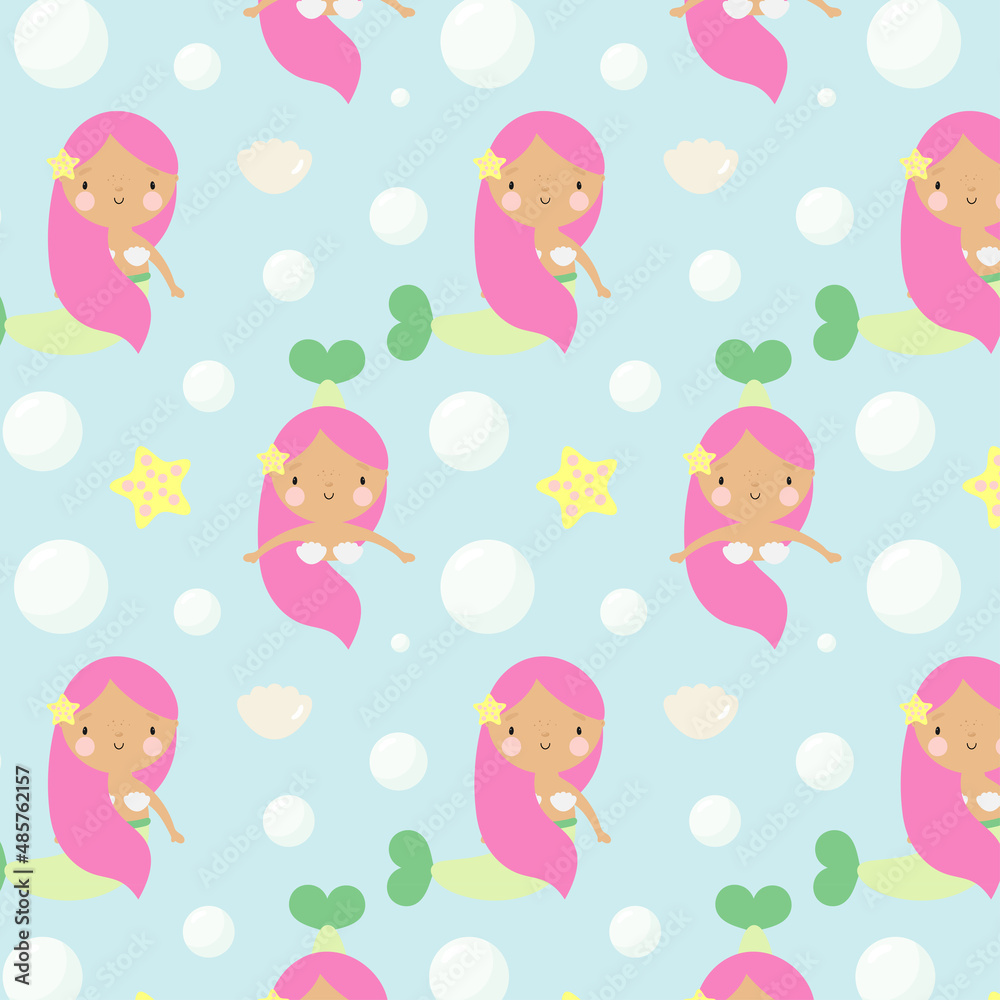 Vector seamless pattern with Cute Mermaids. For greeting card, posters, banners, books, printing on the pack, printing on clothes, fabric, wallpaper.	