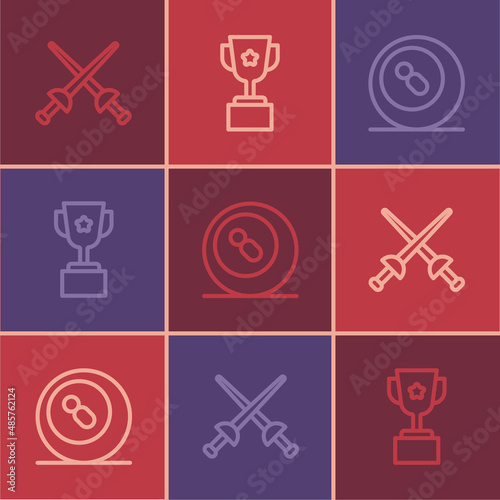 Set line Fencing, Billiard pool snooker ball and Award cup icon. Vector