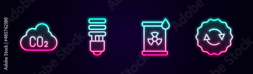 Set line CO2 emissions in cloud, LED light bulb, Radioactive waste barrel and Recycle symbol. Glowing neon icon. Vector