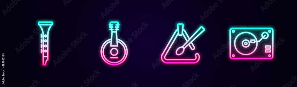 Set line Clarinet, Banjo, Triangle musical instrument and Vinyl player with vinyl disk. Glowing neon icon. Vector Set line Clarinet, Banjo, Triangle musical instrument and Vinyl player with vinyl disk. Glowing neon icon. Vector