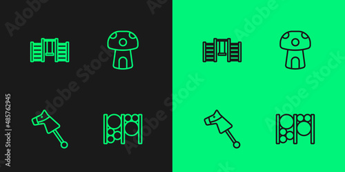 Set line Playground climbing equipment, Toy horse, Swedish wall and Mushroom house icon. Vector