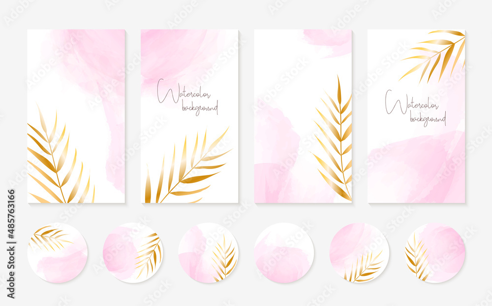 Instagram stories templates, highlights icons. Vector set of abstract backgrounds with golden leaves and pink watercolor spots