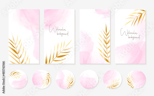 Instagram stories templates, highlights icons. Vector set of abstract backgrounds with golden leaves and pink watercolor spots