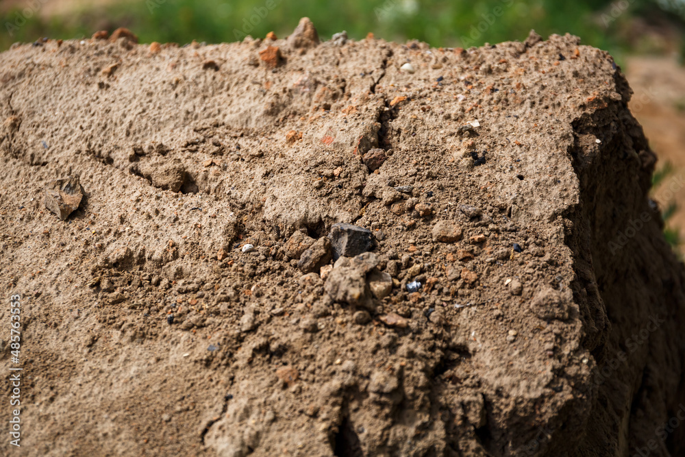 Soil texture. A layer of the earth deep into the close-up. Construction sand. Copy space. Rocky ground background. Soil fertility type. The concept of archaeological excavations. Rough surface. Soil texture. A layer of the earth deep into the close-up. Construction sand. Copy space. Rocky ground background. Soil fertility type. The concept of archaeological excavations. Rough surface.