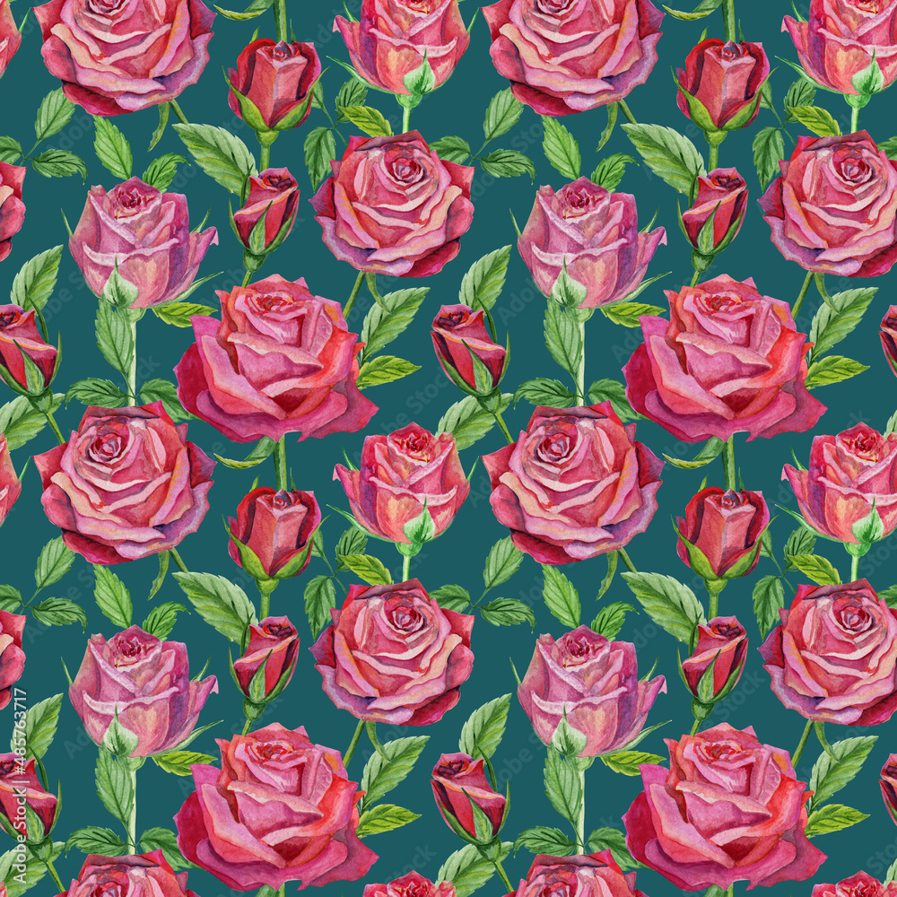 Seamless pattern of garden blooming roses. Watercolor illustration of young branches, leaves, flowers and buds isolated on a green background. Bright ornament damask, turkish, indian, oriental style.