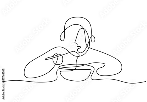 One continuous single line of man or girl eating noodle with chopsticks isolated on white background.