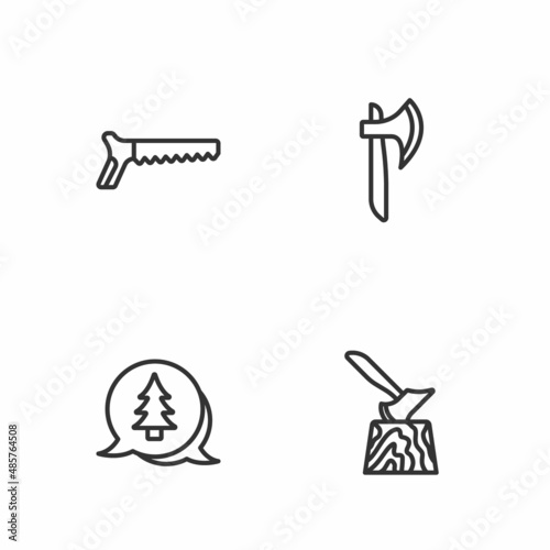 Set line Wooden axe in stump, Tree, Hand saw and icon. Vector