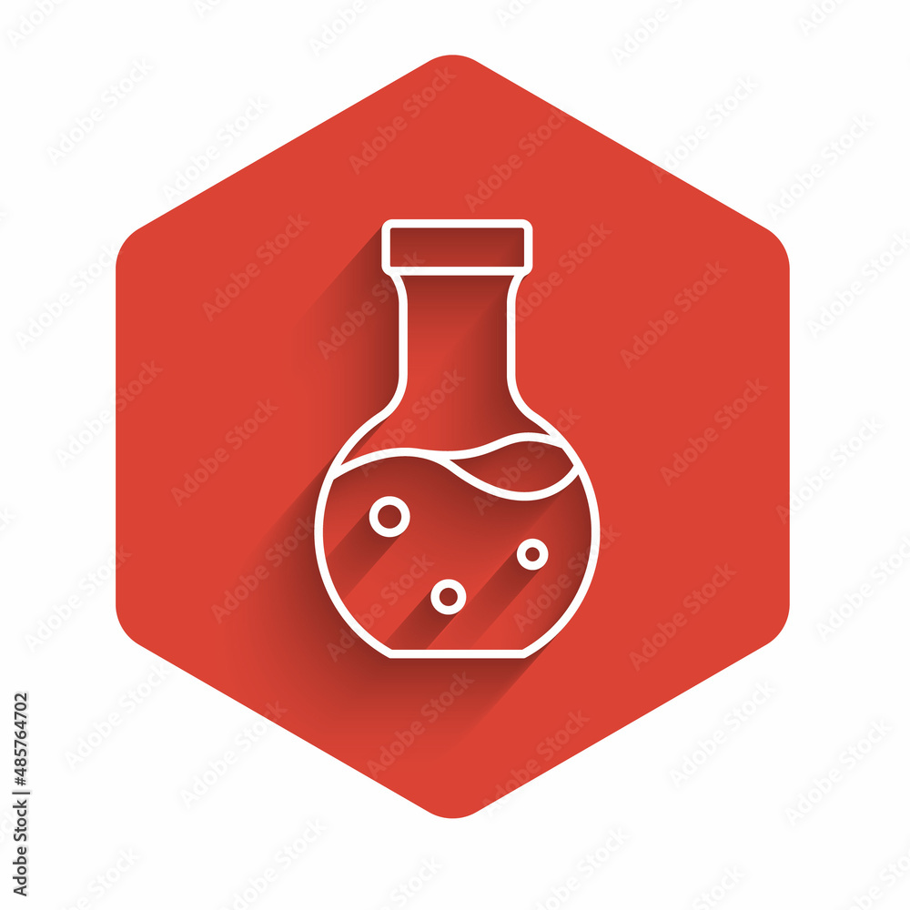 White line Test tube and flask chemical laboratory test icon isolated with long shadow background. Laboratory glassware sign. Red hexagon button. Vector White line Test tube and flask chemical laboratory test icon isolated with long shadow background. Laboratory glassware sign. Red hexagon button. Vector