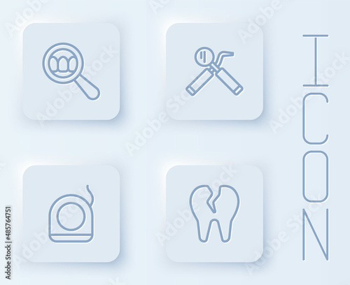 Set line Dental search, mirror and probe, floss and Broken tooth. White square button. Vector