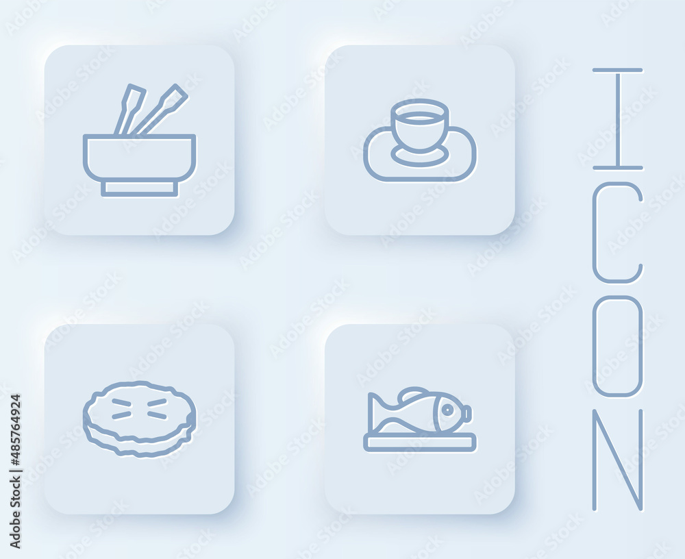 Set line Asian noodles in bowl, Soy sauce, Homemade pie and Served fish on plate. White square button. Vector Set line Asian noodles in bowl, Soy sauce, Homemade pie and Served fish on plate. White square button. Vector
