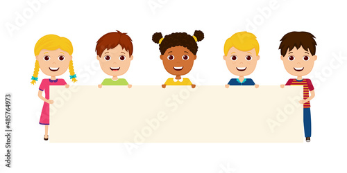Children hold placard. Kids holding blank banner or board. ​Cartoon little boys and girls showing of placard. Illustration with happy and cute childs with poster for school, kindergarten. Vector