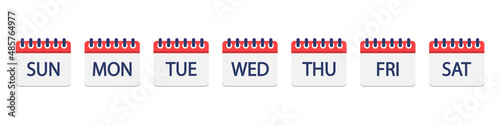 Calendar icons. Calendar with week days. Set of calender icons with seven days week. Graphic pictogram for daily schedule, reminder, event and agenda. Vector photo
