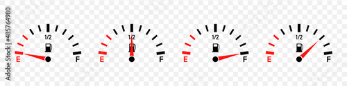 Fuel gauge. Full, half level and empty tank. Guage meter of petrol and gas on dashboard. Gage gasoline in car. Set of icons for automobile isolated on transparent background. Vector