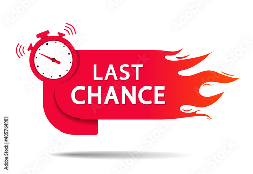 Last chance banner sale. Sale promo banner. Clock with alarm for countdown offer time. Hurry sign. Logo for last chance discount and tag. Promotion illustration. Vector