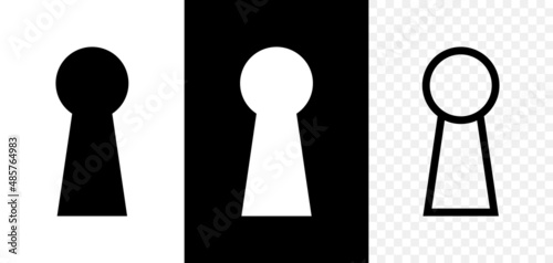 Keyhole icon. Door key hole. Shape of lock of door. Black, white and outline icons isolated on transparent background. Pictogram of keyhole. Logo for home and entrance. Vector
