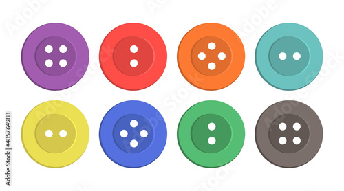 Button for cloth. Plastic buttons for sew on shirt, dress and jacket. Fashion of tailor sewing. Set of buttons with hole for thread. Round colored objects for clothes. Vector