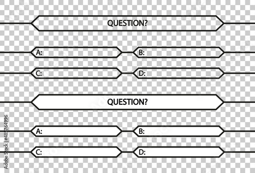 Quiz game. Quiz show millionaire. Contest with question and answer on tv. Test on competition. Intellectual challenge. App for exam. Outline, white and black bubbles for answers. Vector