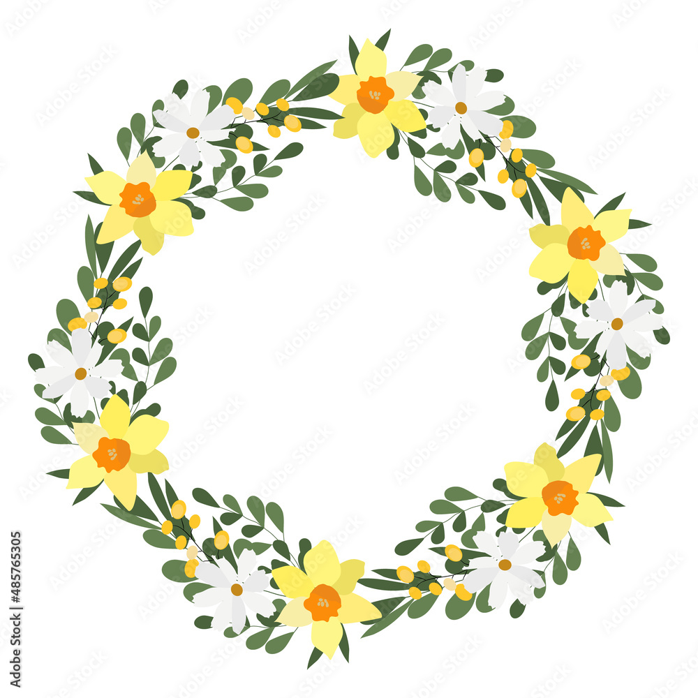 Floral frame and wreath with crocus. Yellow flowers and greens.