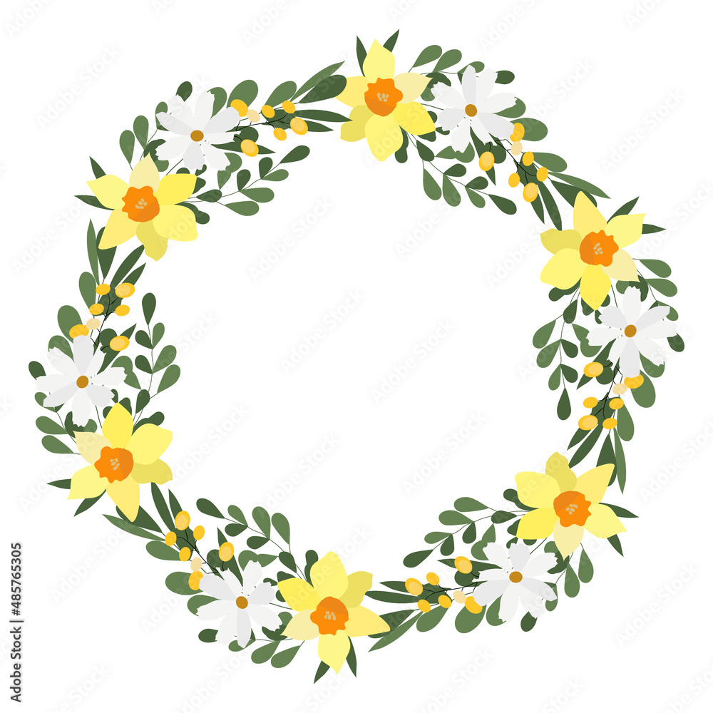 Floral frame and wreath with crocus. Yellow flowers and greens. Floral frame and wreath with crocus. Yellow flowers and greens.